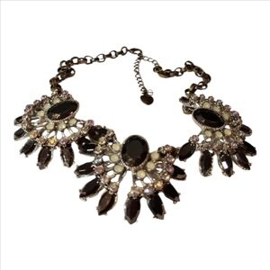 Betsey Johnson Black,Clear & White Cluster Art DecoNecklace 16"+3" Extender NWOT